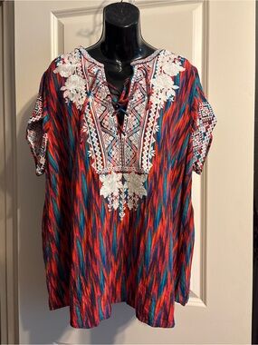 Savanna Jane Red Blue Teal Embroidered Lace-Up Tunic